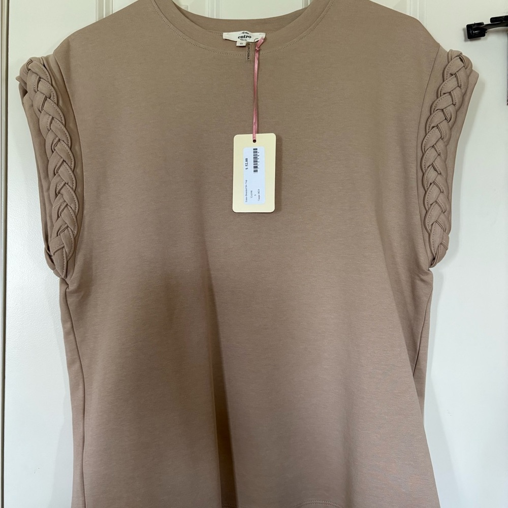 Women's Tan Top with Braided Sleeves